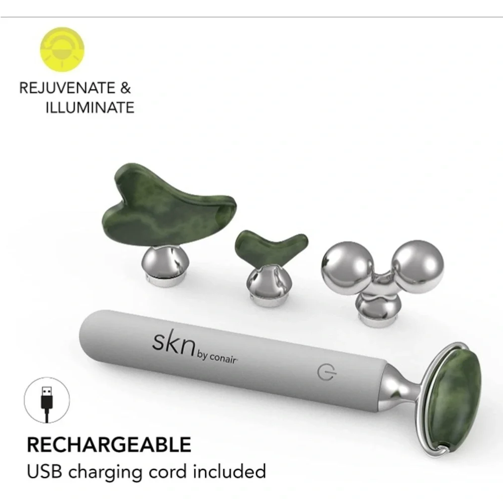 NWT skn Conair Jade Vibrating Face Roller Kit 4 Attachments Gua Sha Silver balls - Picture 3 of 9
